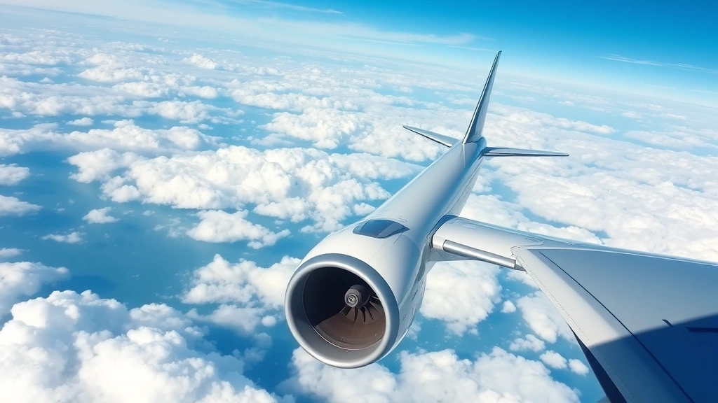 Commercial aircraft cruising at high altitude above white clouds with blue sky, showing jet engine and wing design, cross-country flight perspective