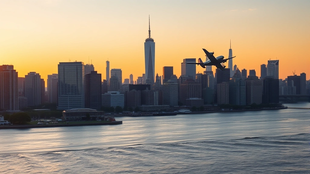 Manhattan skyline with aircraft approaching, showing New York City skyscrapers and Hudson River, sunset lighting, aviation arrival scene