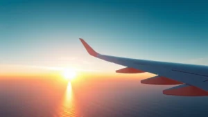 Modern Boeing 787 Dreamliner aircraft in flight over Pacific Ocean at sunset, with wing view of endless blue water below, photorealistic daylight photography