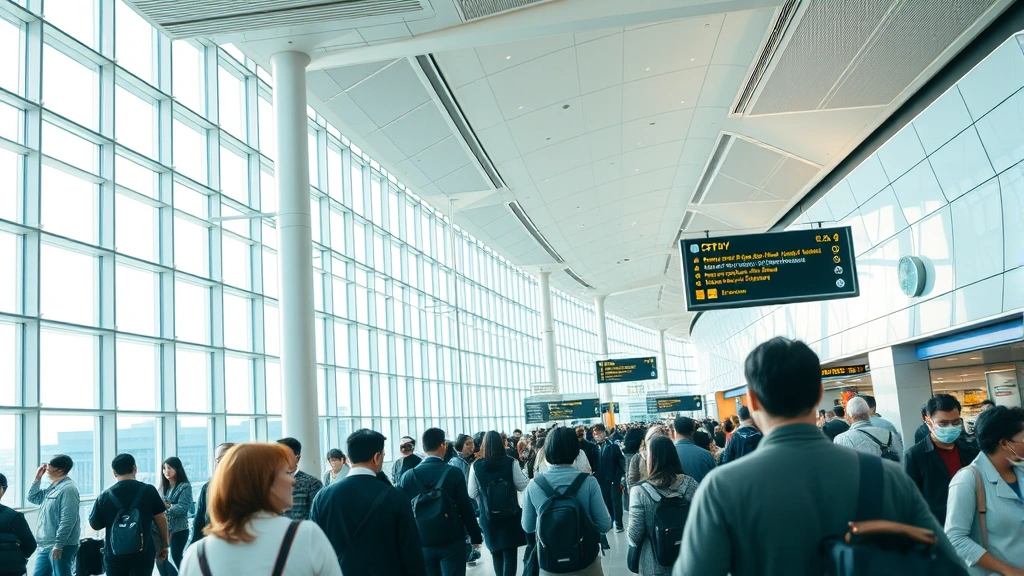 Busy Haneda Airport Tokyo departure hall with travelers and modern architecture, natural window lighting, cosmopolitan travel atmosphere