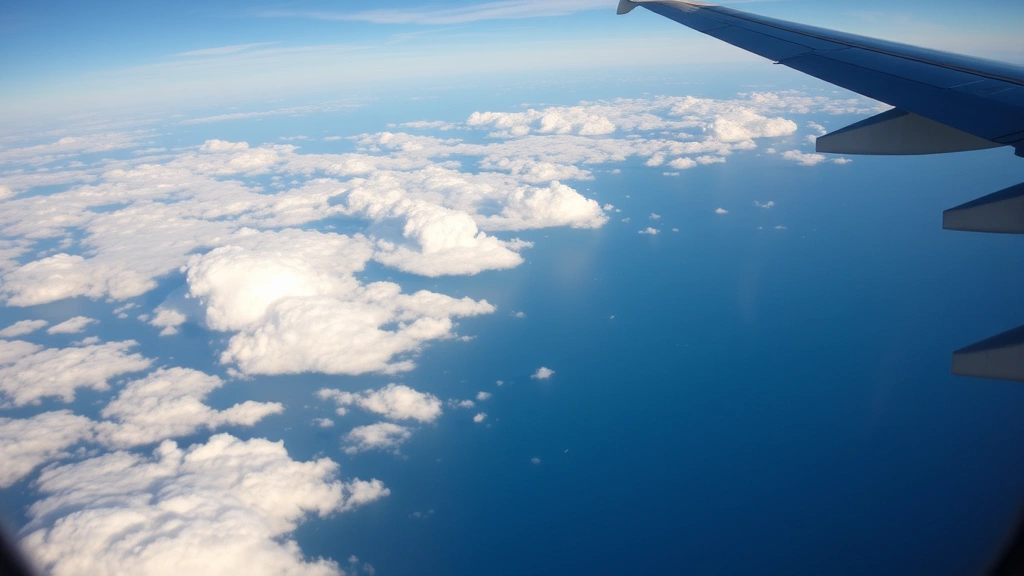 Pacific Ocean aerial view from aircraft window at 35000 feet, vast blue water with white clouds, golden hour lighting, travel perspective
