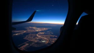 Modern aircraft cabin interior during nighttime flight over Pacific Ocean with city lights below, passenger window view showing starlit sky and ocean horizon