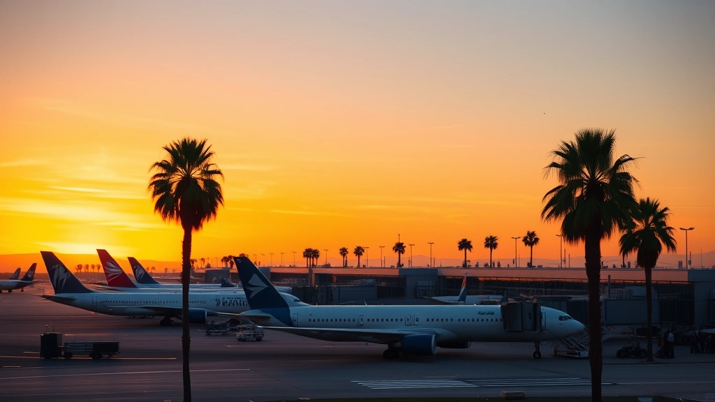 Los Angeles International Airport terminal exterior at sunset with planes on tarmac and palm trees silhouetted against orange sky
