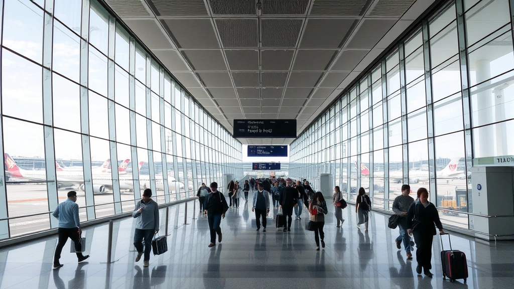 Tokyo Haneda Airport modern terminal interior with travelers walking through contemporary architecture, large windows showing runways and aircraft