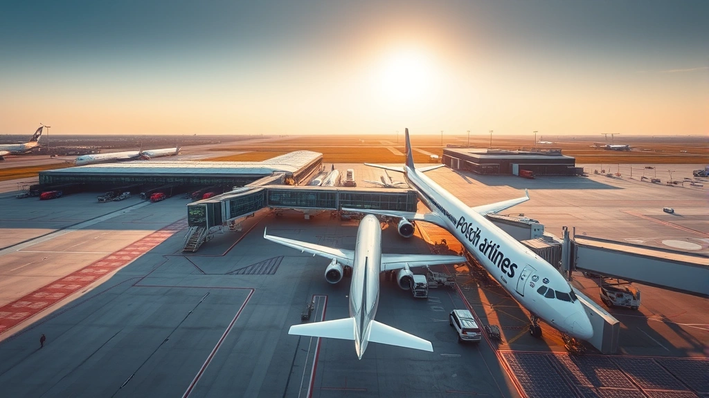 Overhead view of Warsaw Chopin Airport with Polish Airlines aircraft at gate, terminal buildings visible, daytime natural lighting