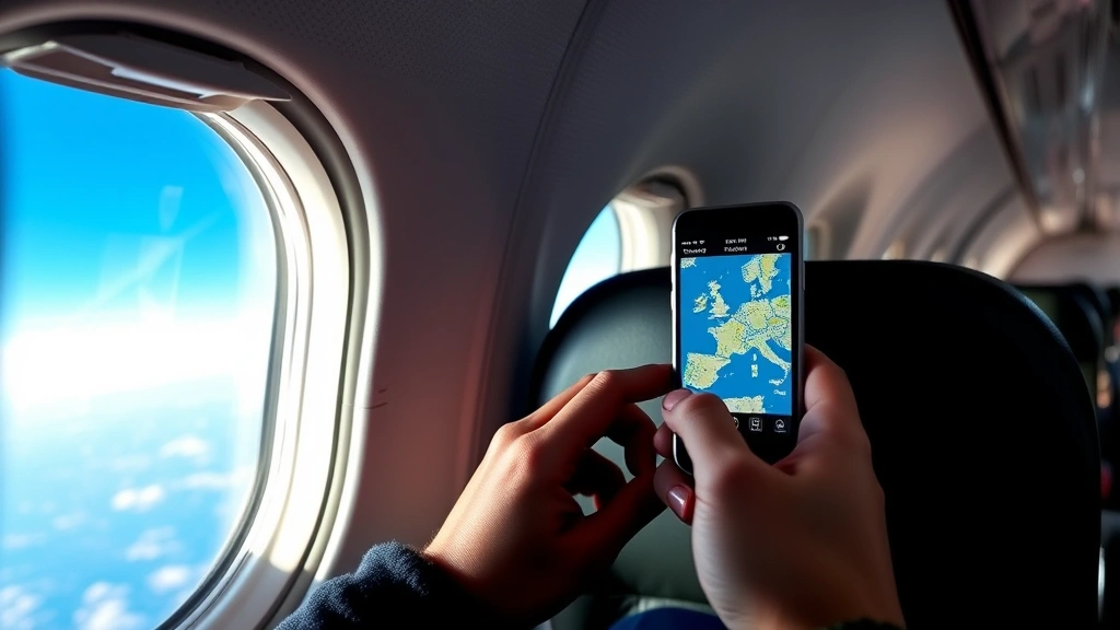 Passenger sitting in aircraft window seat tracking flight progress on personal mobile device screen showing interactive flight map during daytime flight