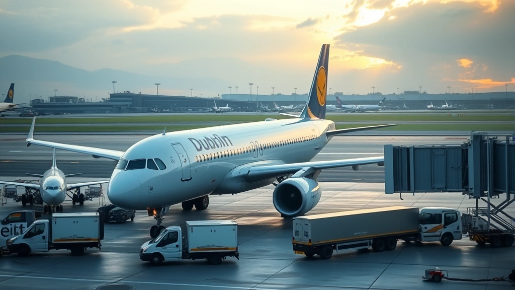 Commercial aircraft Airbus A320 parked at Dublin Airport gate with ground service vehicles refueling and catering trucks nearby, morning light, realistic airport operations scene