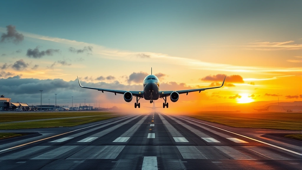 Dublin Airport runway with aircraft taking off into Atlantic sunset, multiple runway markings visible, realistic weather conditions, expansive aviation operations scene